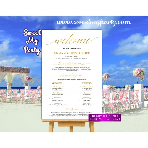 Gold Wedding Welcome Sign with program,Calligraphy Wedding welcome sign,(027w)
